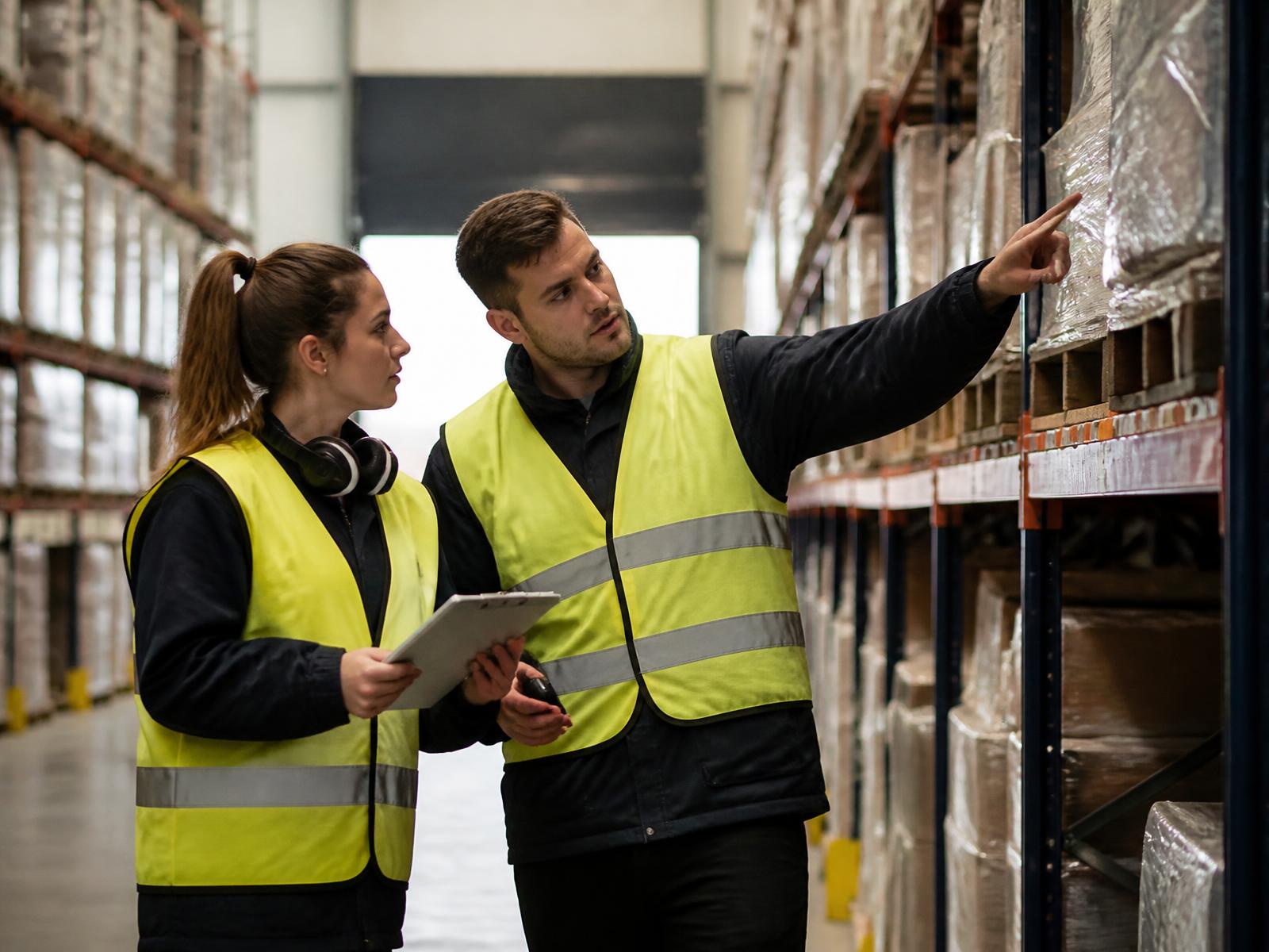 Deux opérateurs logistiques en gilet haute visibilité dans une allée de stockage