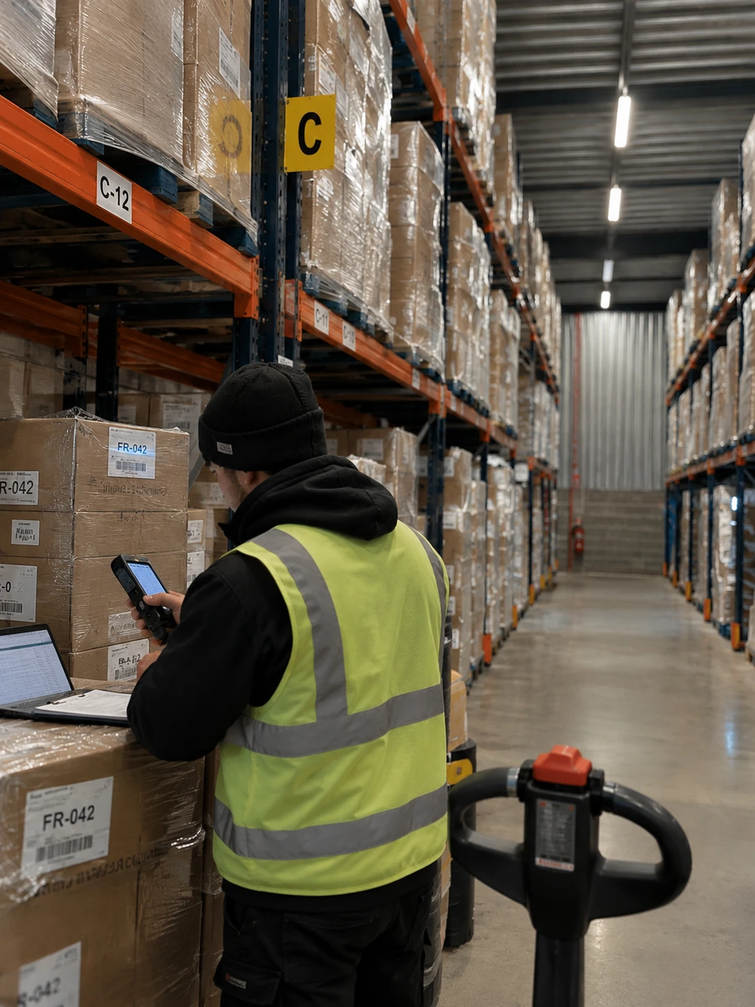 Opérateur relevant une référence au terminal de scan devant les emplacements identifiés de l'entrepôt LOGISTIC 43