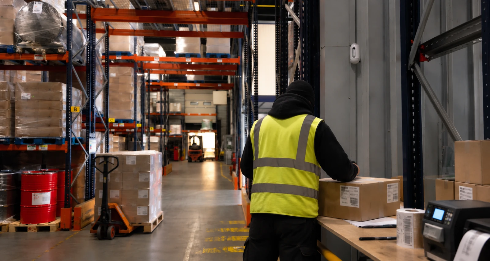 Opérateur préparant une commande au poste d'emballage de l'entrepôt LOGISTIC 43, étiqueteuse et transpalette à proximité